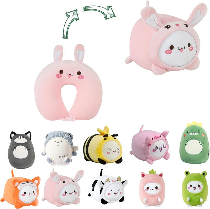 stocaggio Kids Travel Pillow - 2-in-1 Deformable Kids Neck Pillow for Traveling, Soft U-Shaped Pillow with Adorable Animal Design, Comfy Sleep and Play, Ideal for Airplanes and Traveling (QQ Pink Rabbit) - Image 1